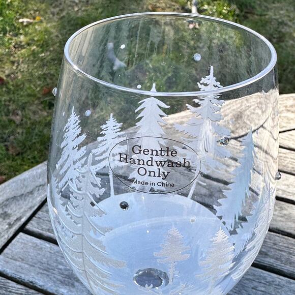 Christmas Tree & Reindeer Stemless Wine Glass 9” Frosted Winter Forest NEW - Picture 4 of 12